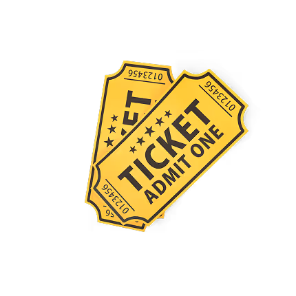 Two yellow admit one tickets with black text and star decorations on a transparent background.