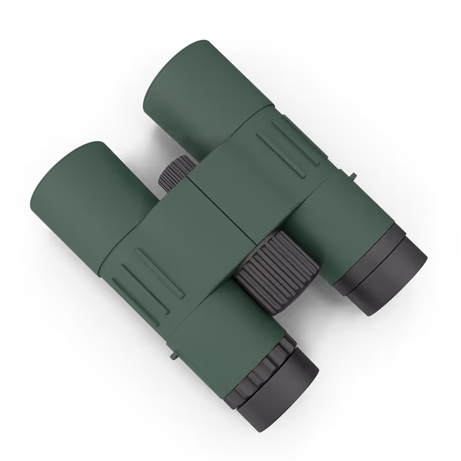 Green military binoculars with black focus wheel and eyepiece caps on a black background.