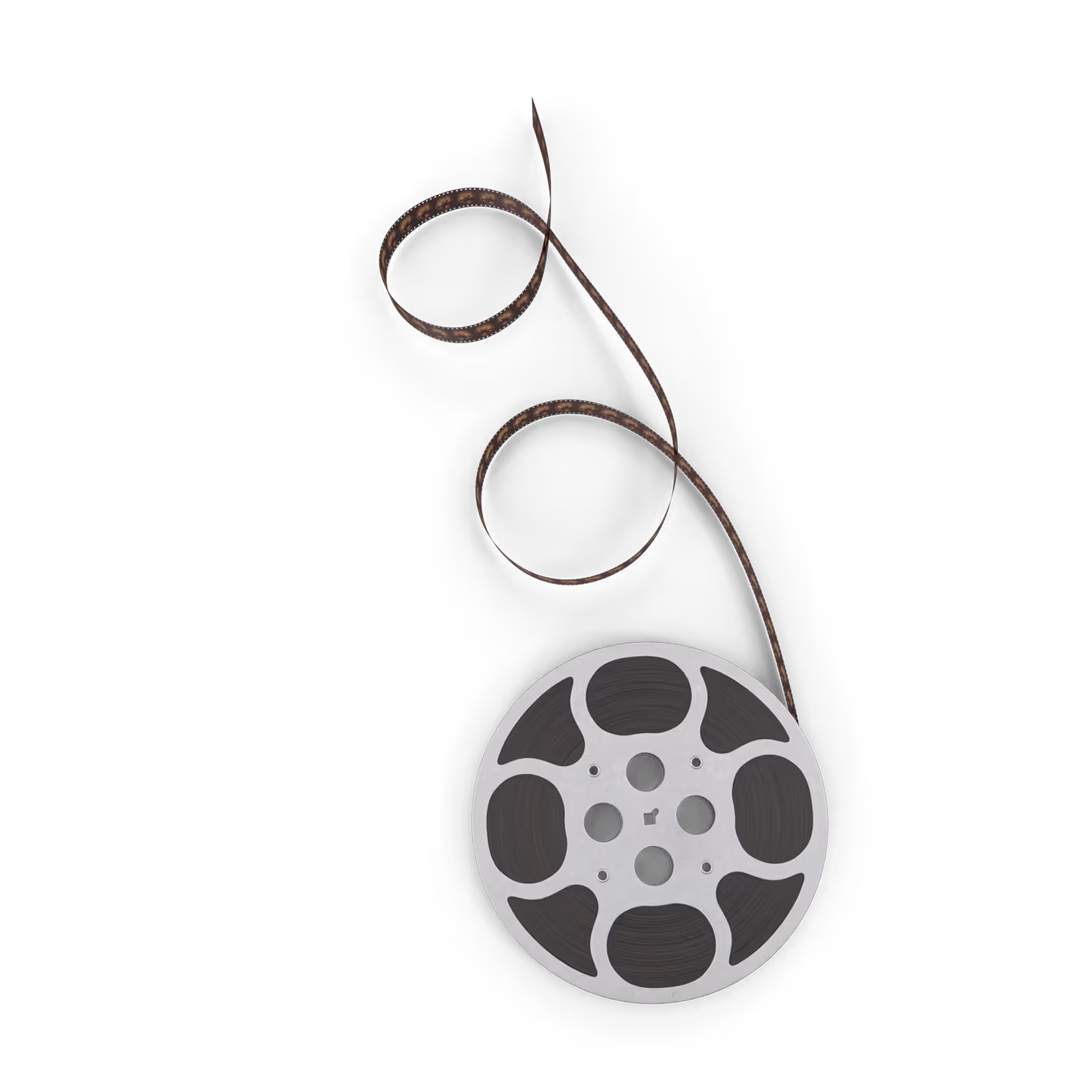 Silver film reel with unwound brown film strip curling upward on a black background.
