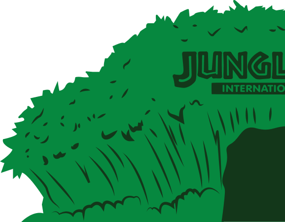 Green jungle foliage with bold text partially reading "Jungle International".