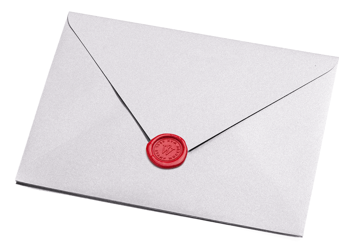 Gray envelope sealed with a red wax stamp embossed with a letter M.