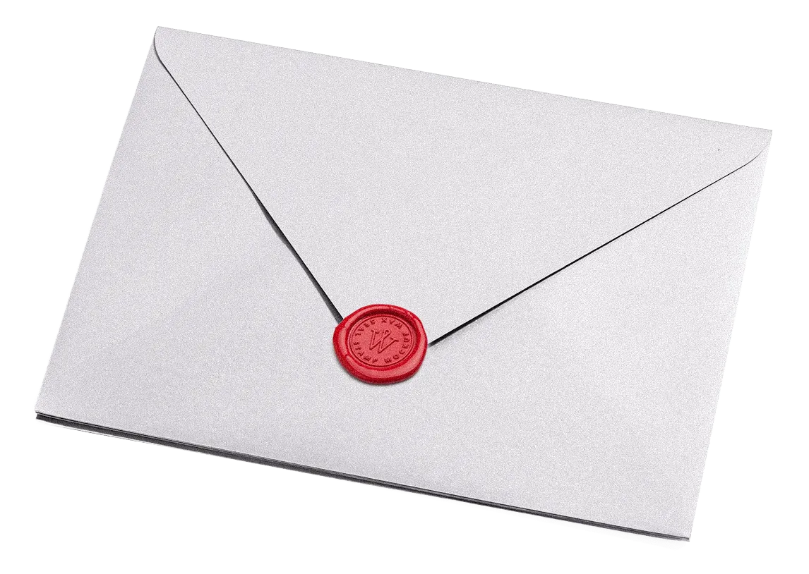 Gray envelope sealed with a red wax stamp embossed with a letter M.