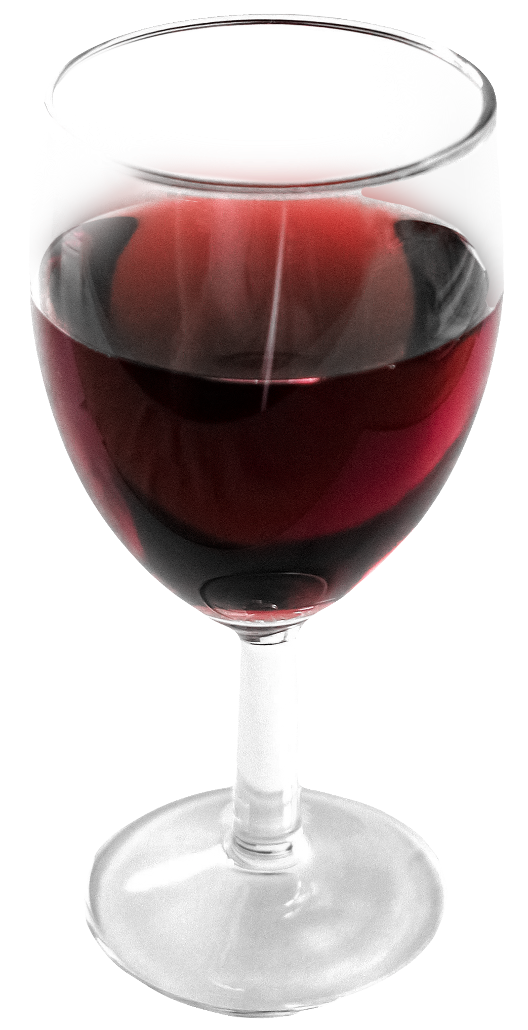 Clear wine glass filled with red wine on a white background.