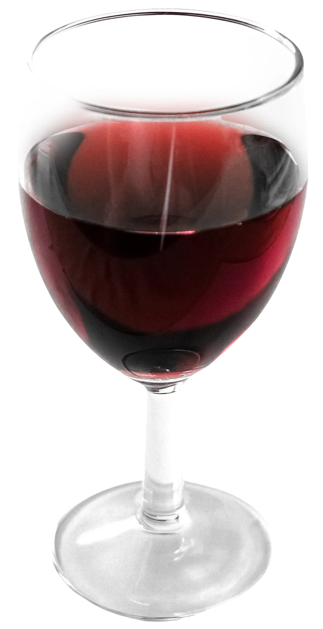 Clear wine glass filled with red wine on a white background.