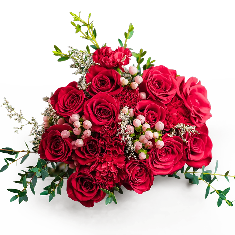 Bouquet of red roses, carnations, pink berries, and green foliage on a black background.