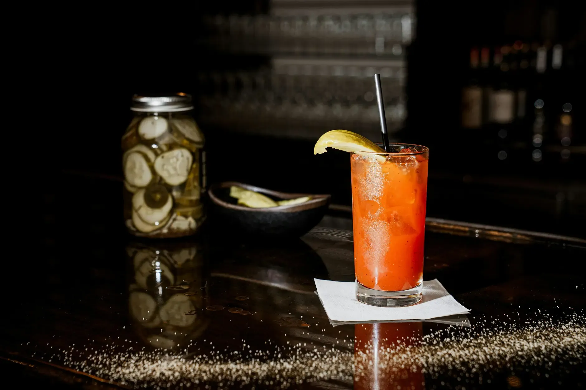 Pickle cocktail being prepared at the bar