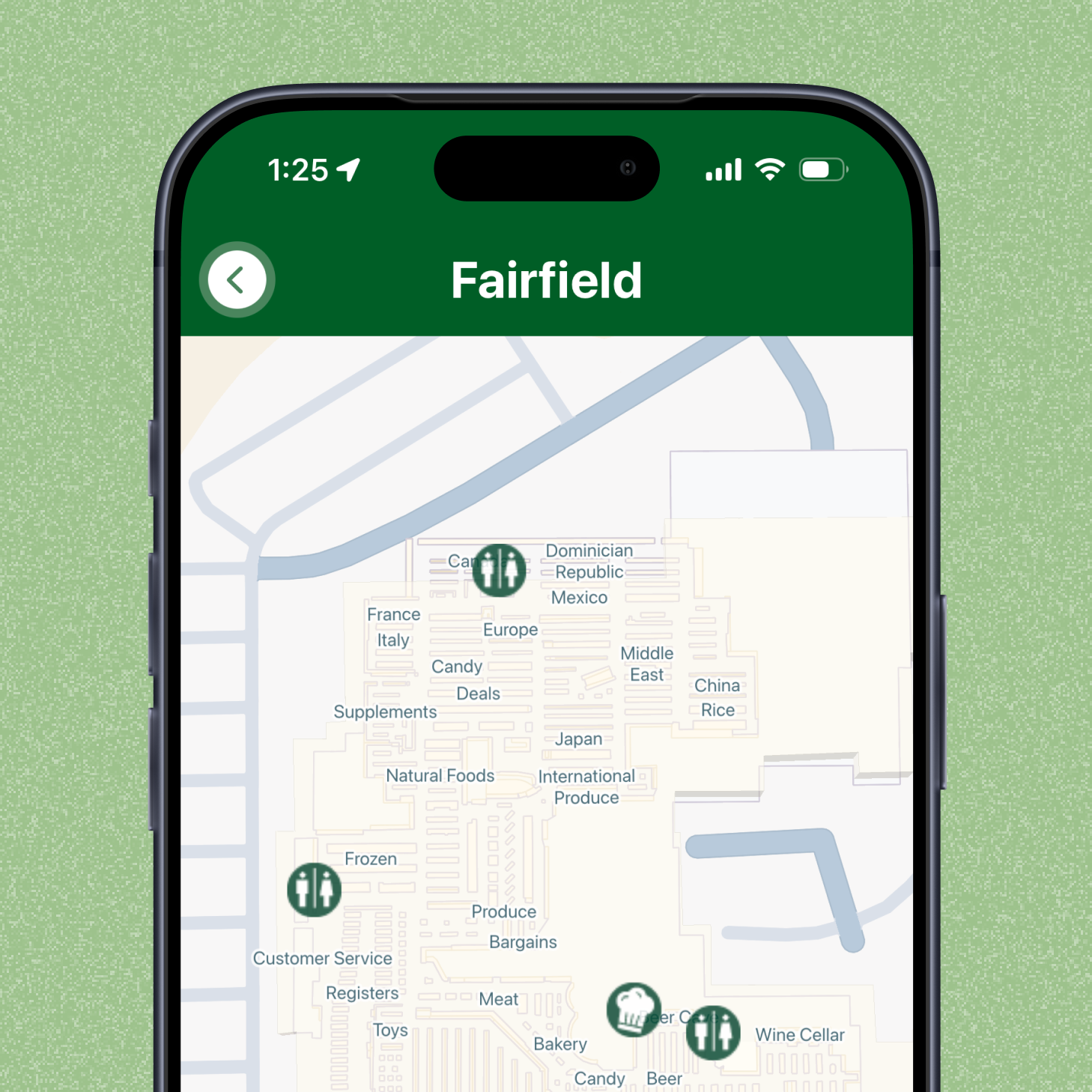 Jungle Jim’s app showing the Fairfield store map