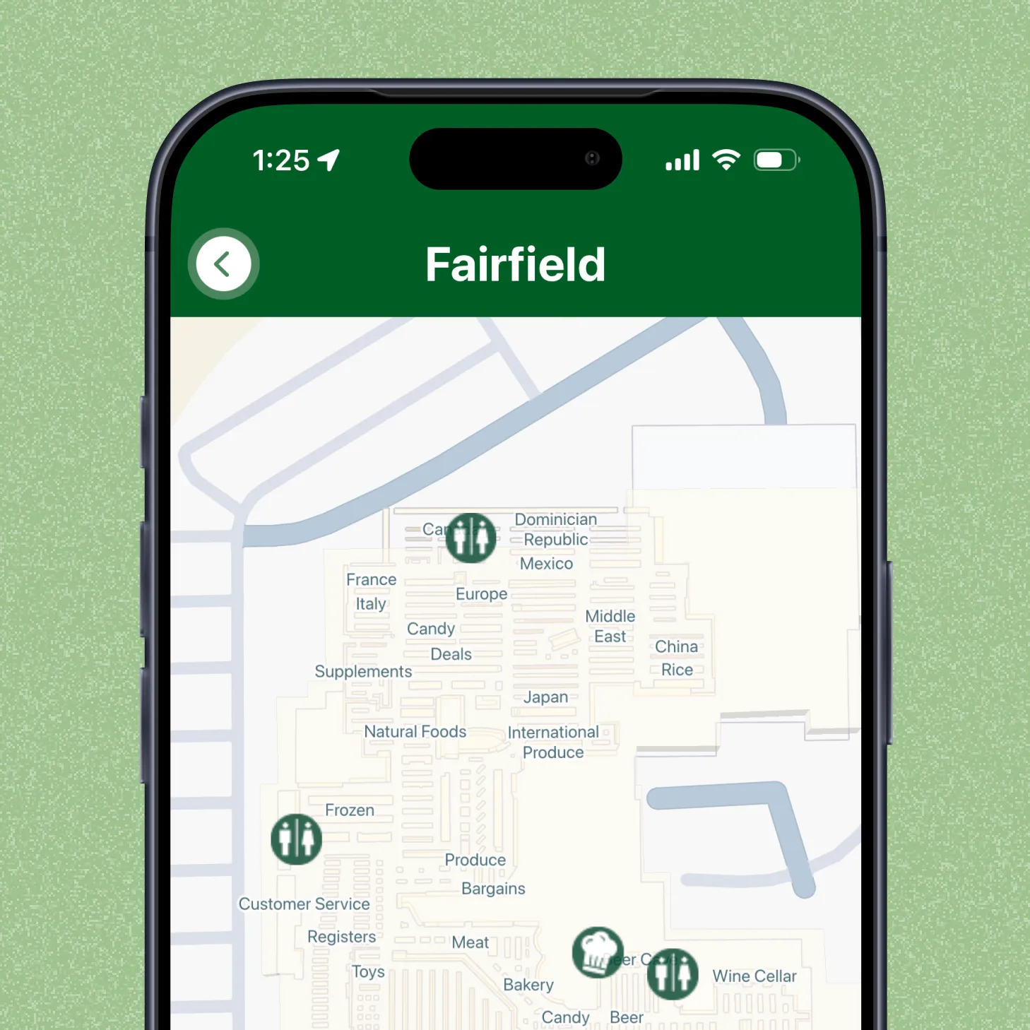 Jungle Jim’s app showing the Fairfield store map