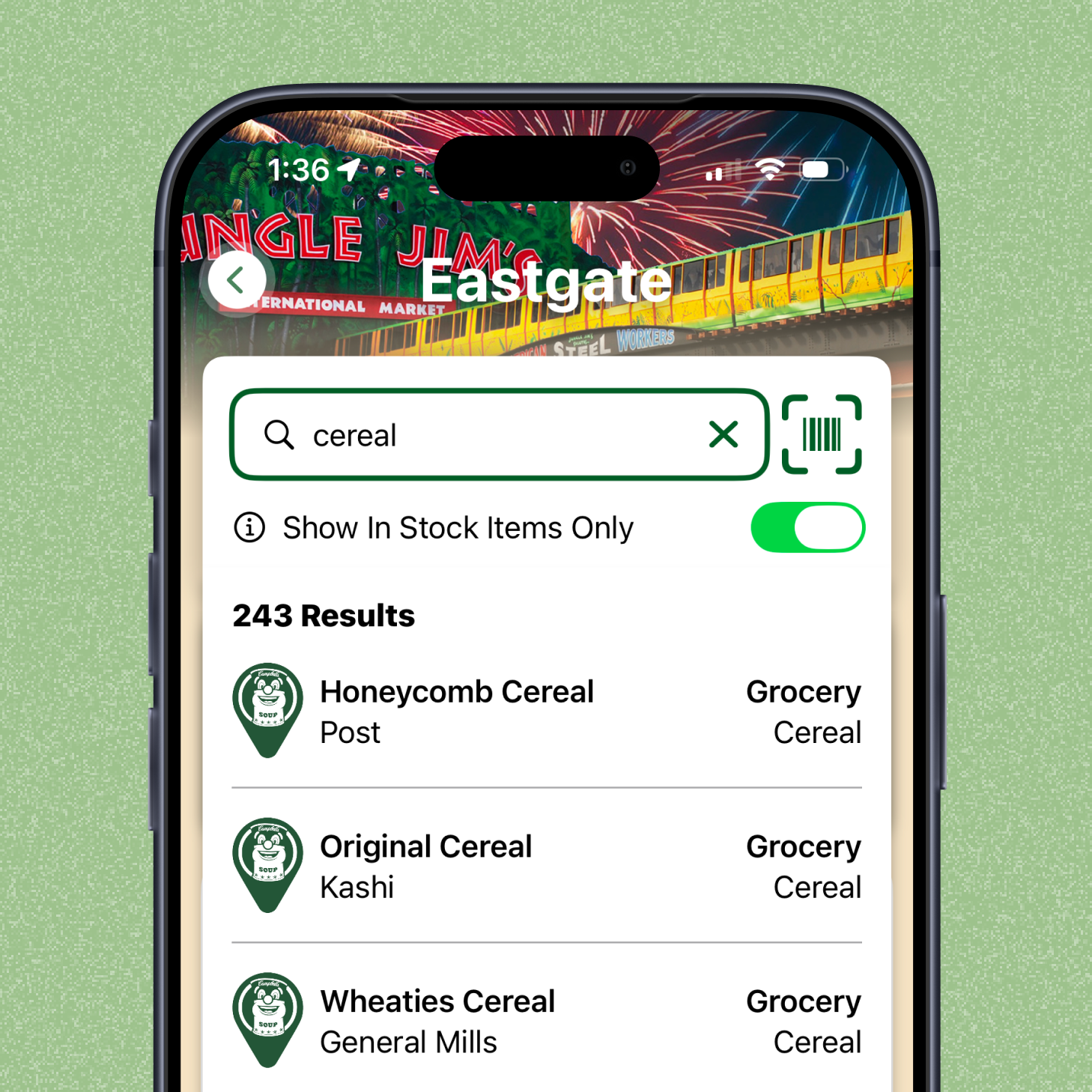 Jungle Jim’s app showing product search at Eastgate