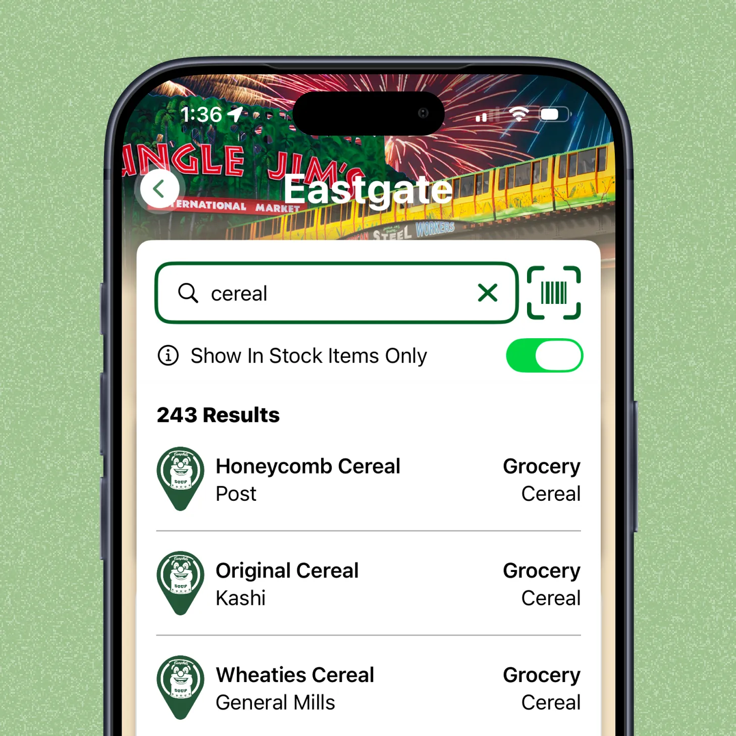 Jungle Jim’s app showing product search at Eastgate
