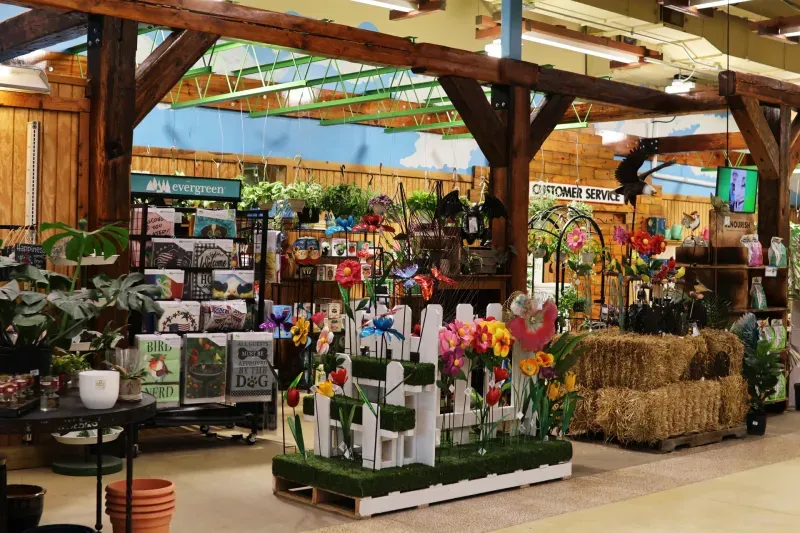 Plants and garden décor inside the Jungle Jim’s Garden Center