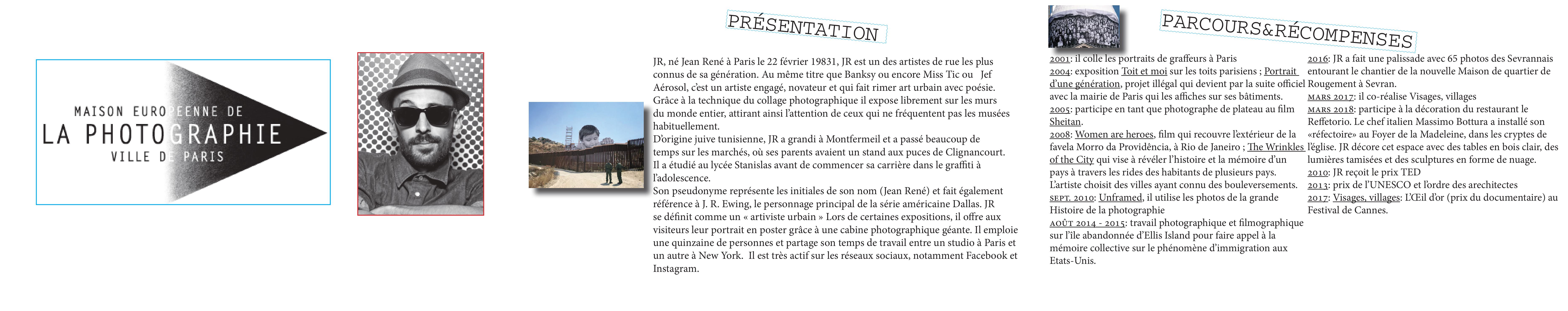 Version 2018 du recto : portrait en noir et blanc de l'artiste JR et texte de présentation