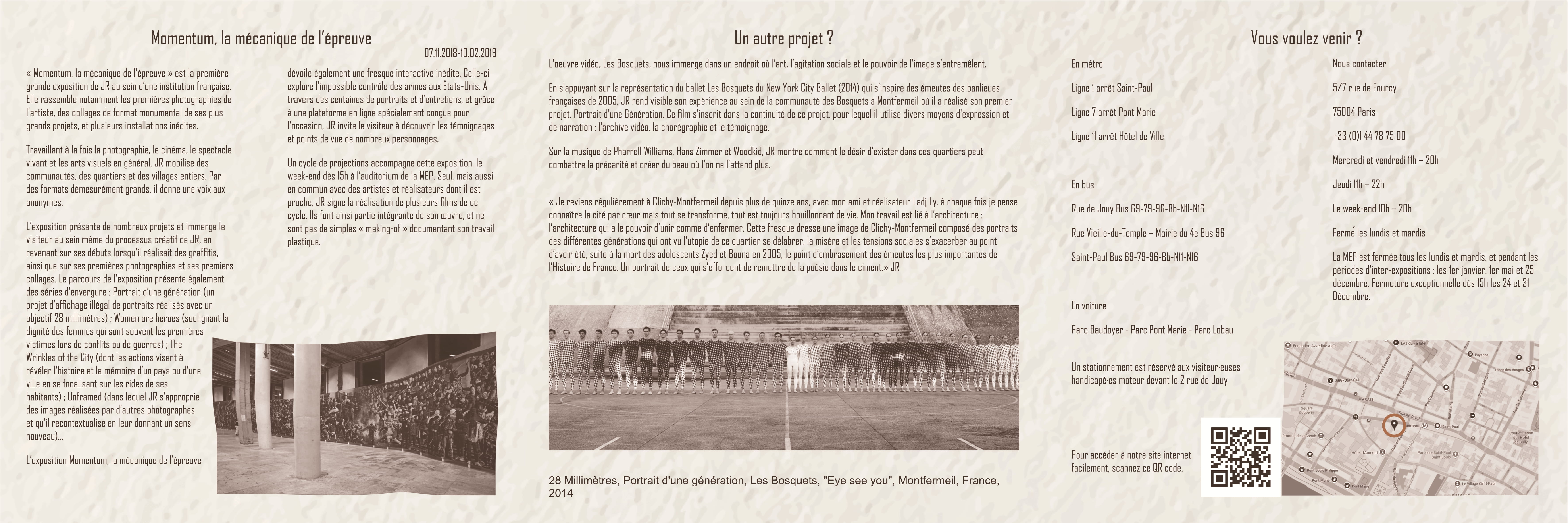 Dépliant JR, verso : présentation de l'exposition Momentum, la mécanique de l'épreuve, à la MEP