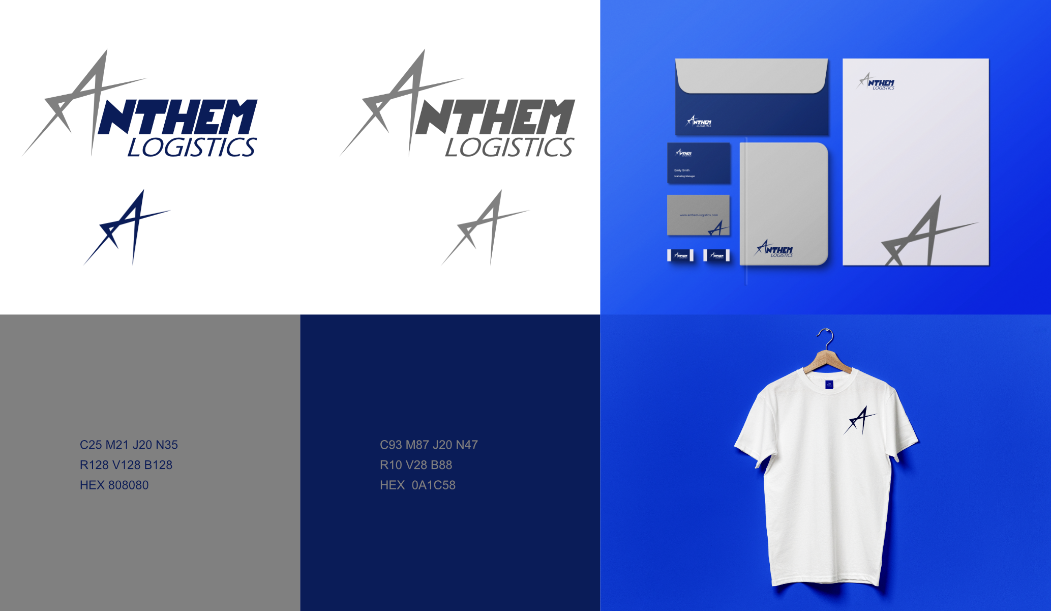 Identité visuelle Anthem Logistics : logo vectorisé et déclinaisons sur papeterie et supports imprimés