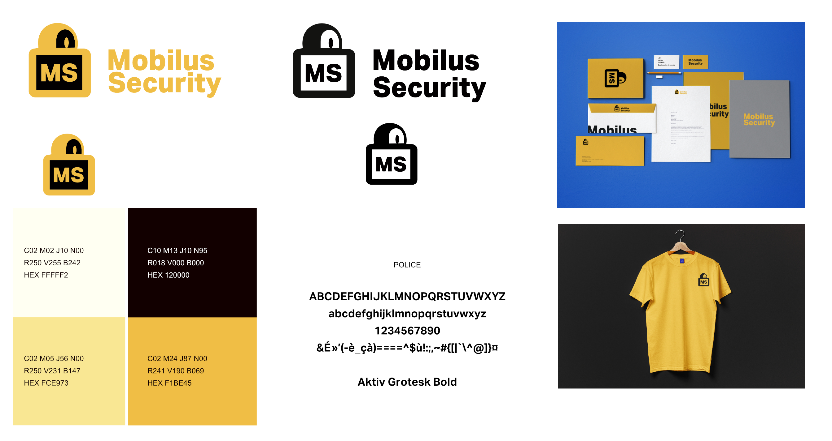 Charte graphique Mobilus Security : logo en versions jaune et noire sur fonds contrastés