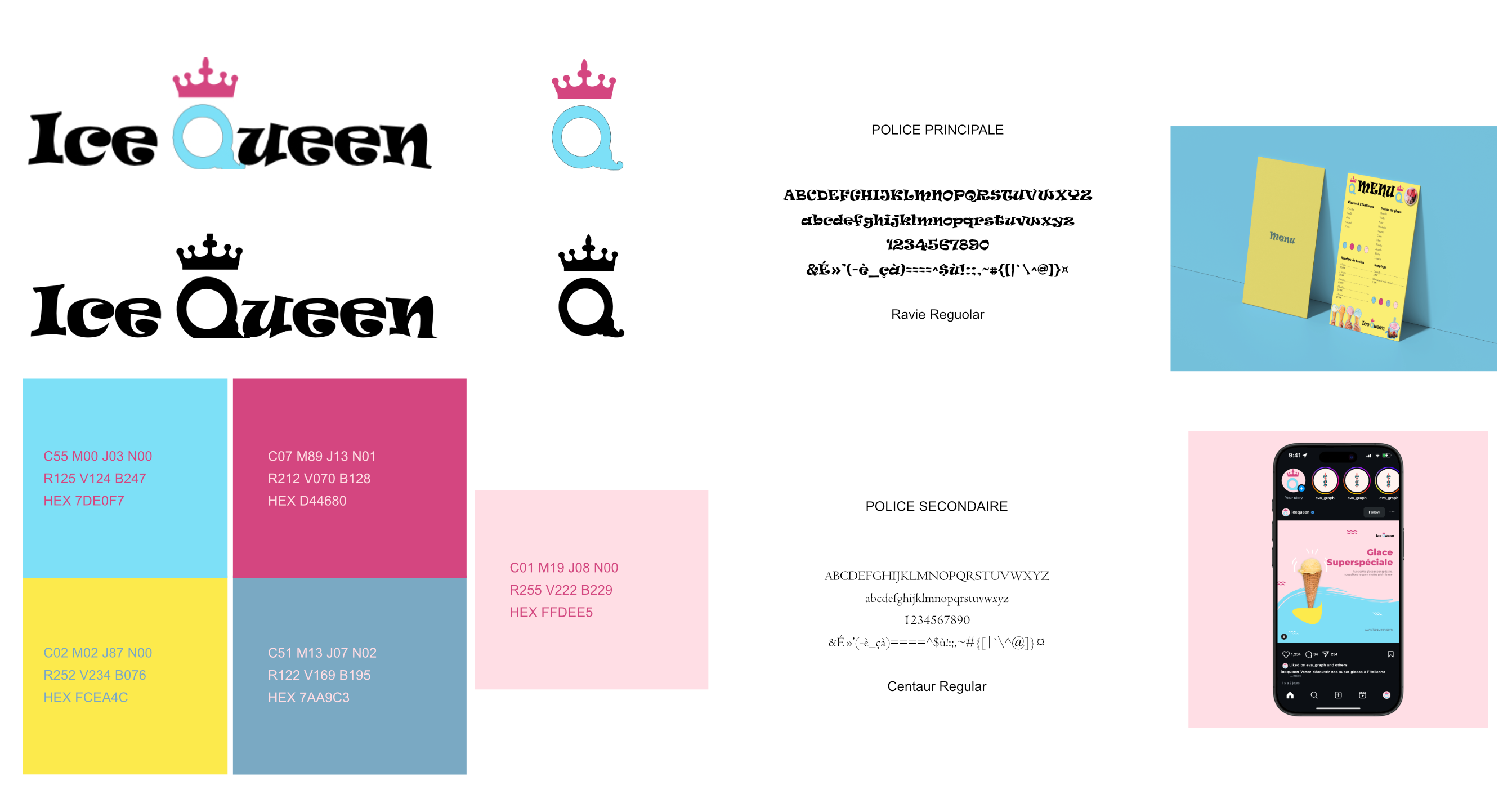 Logo glacier artisanal Ice Queen avec typographie stylisée noire, lettre Q bleu pastel et icône couronne rose.