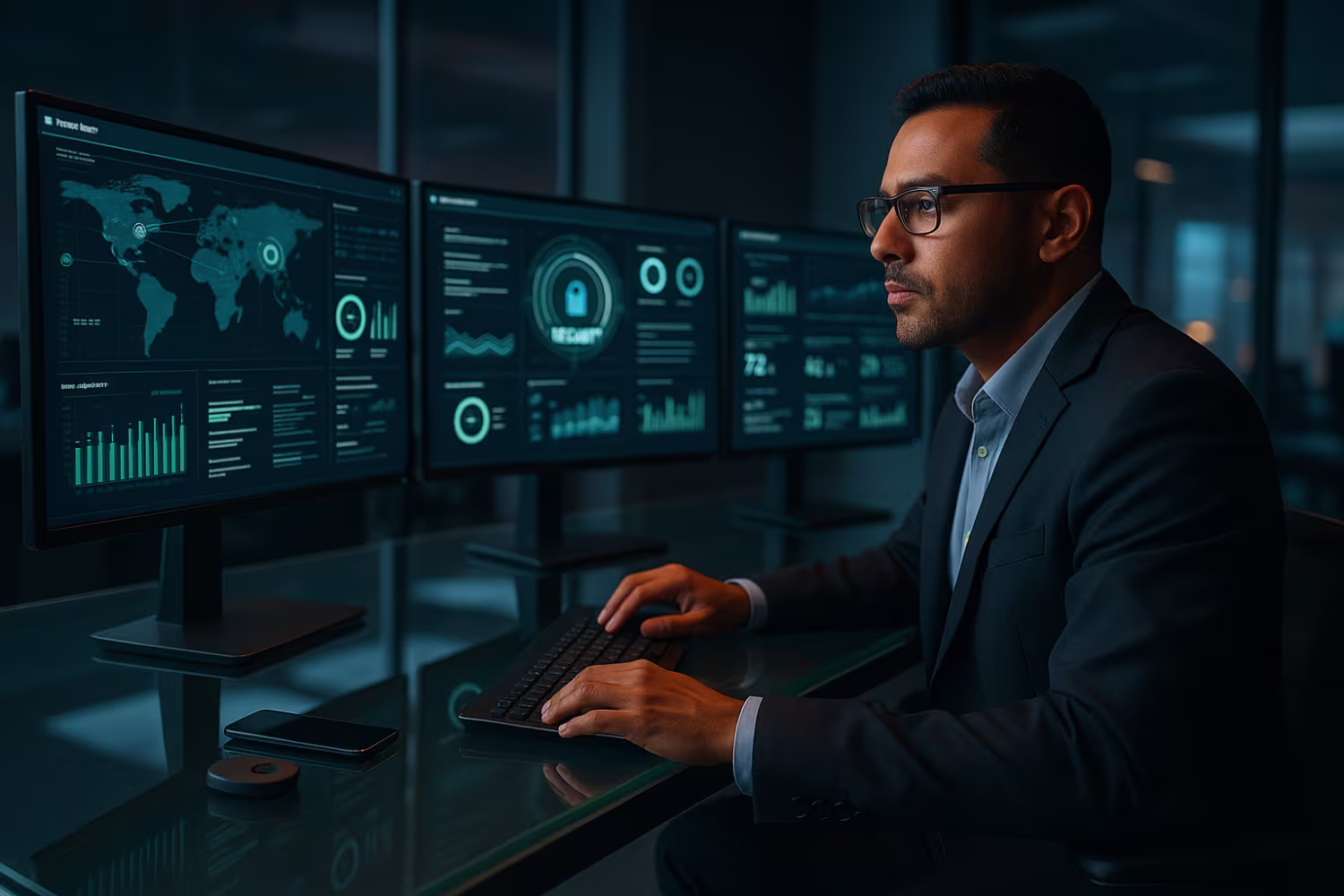 IT security specialist in high-tech command center