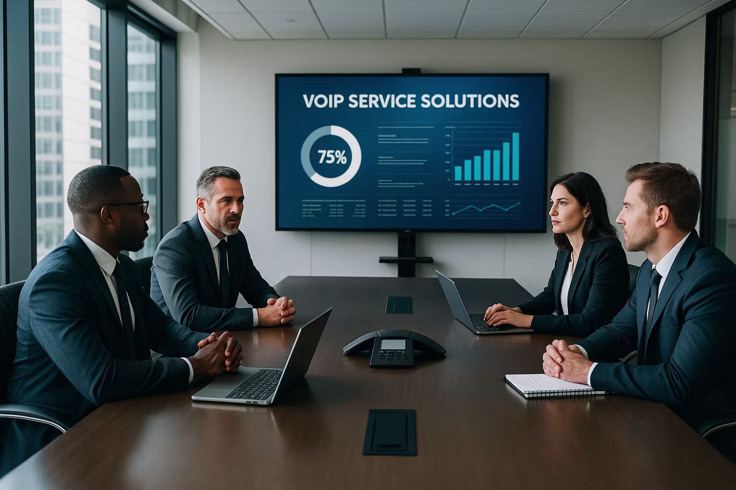 Executives discussing VoIP management solutions