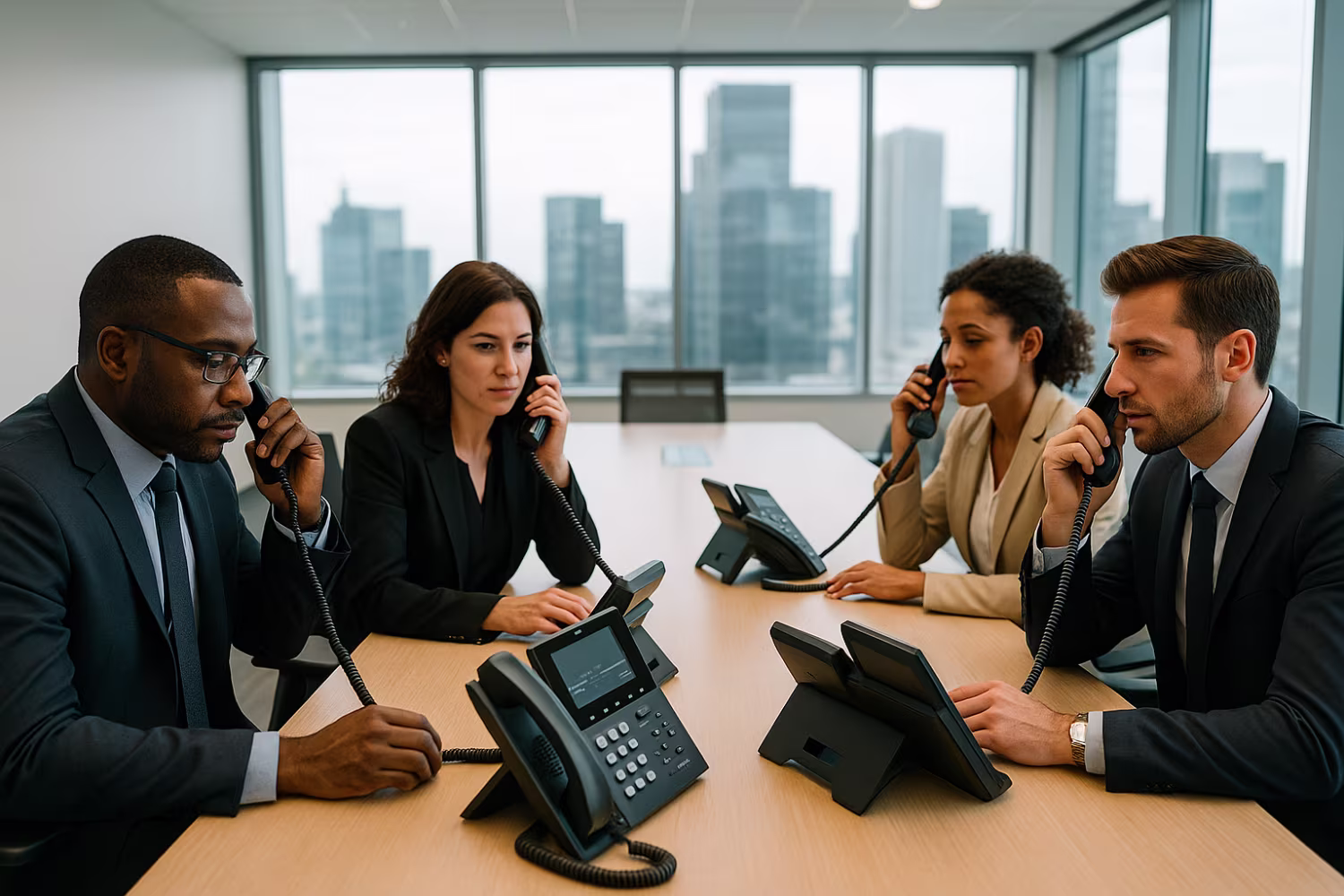 Diverse professionals in business VoIP call
