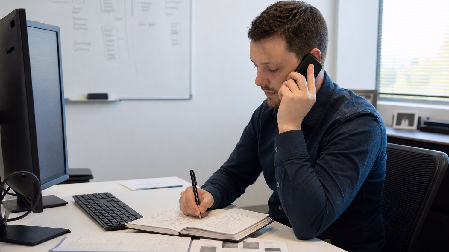 PHONE CALL AT DESK An IT professional one person at a desk with phone to one