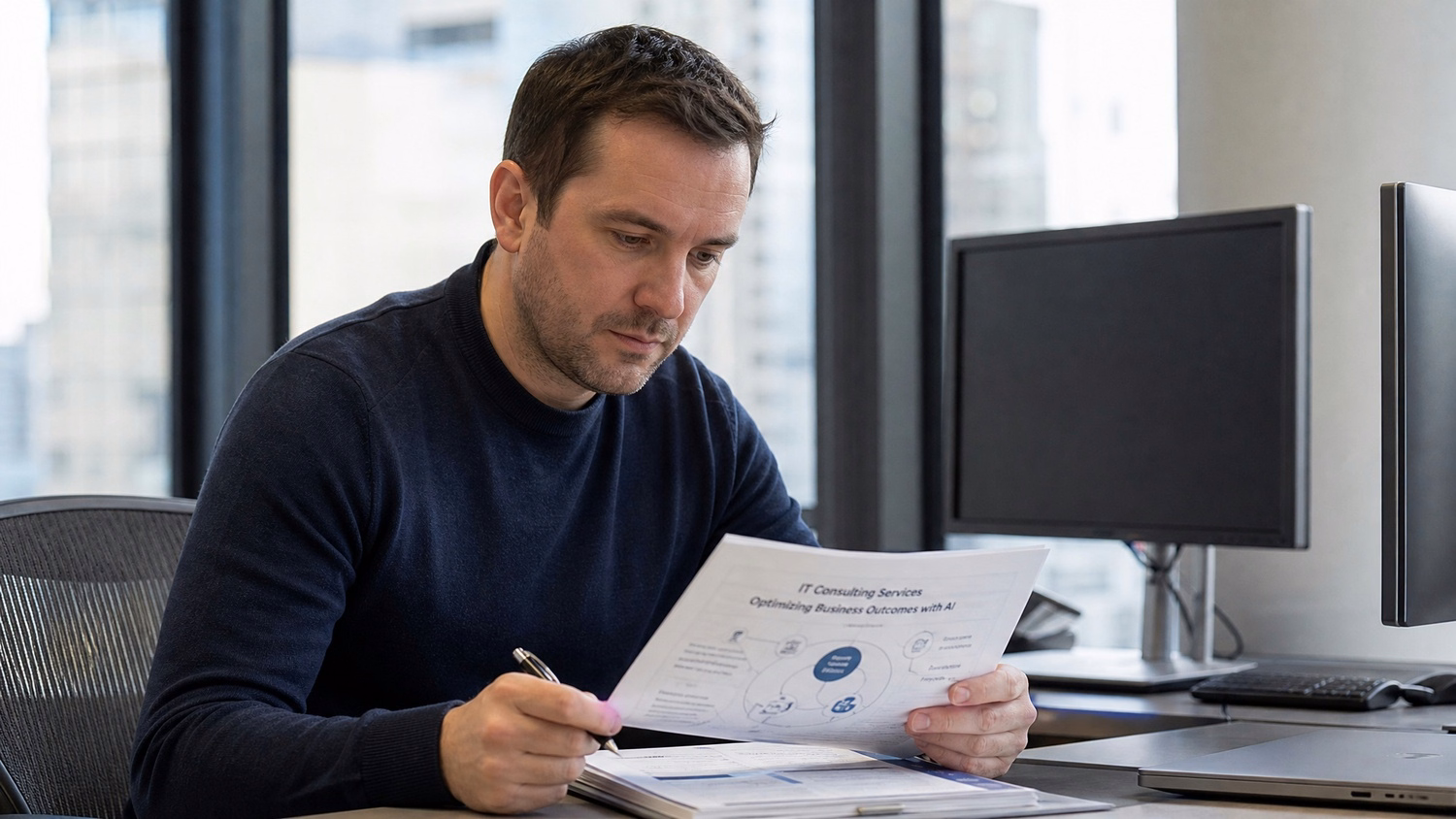FOCUSED READING one person seated at a desk reading printed documents or a rep