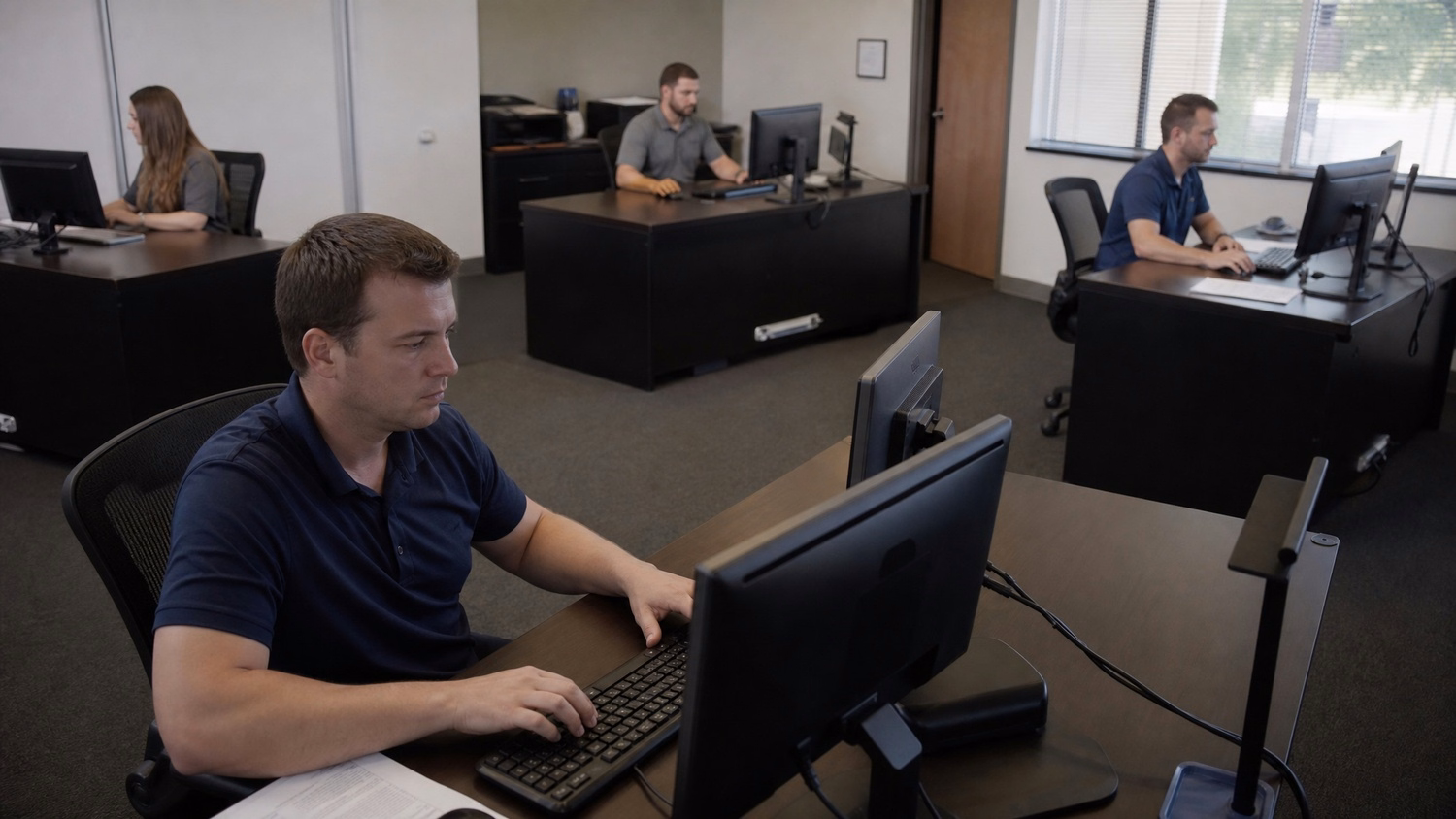 OPEN PLAN WIDE An IT professional wide shot of three or four people at separ