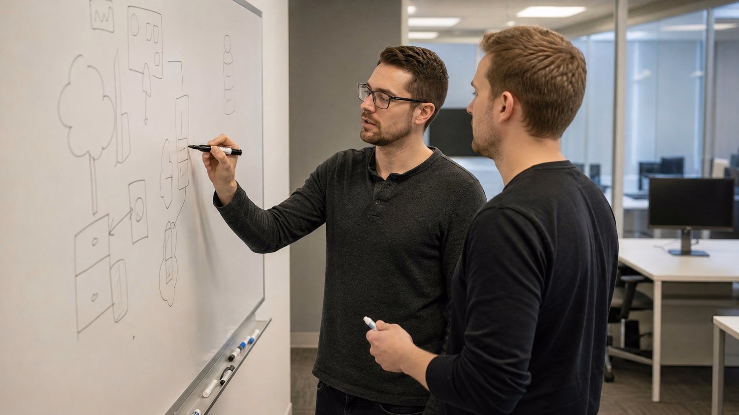 WHITEBOARD SESSION An IT professional one or two people standing at a whiteb