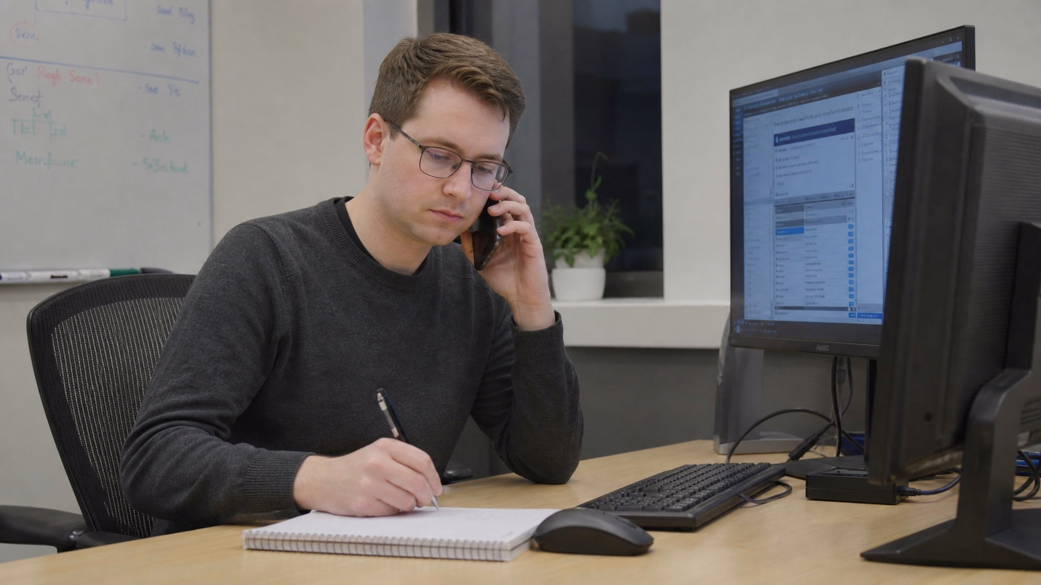 PHONE CALL AT DESK An IT professional one person at a desk with phone to one
