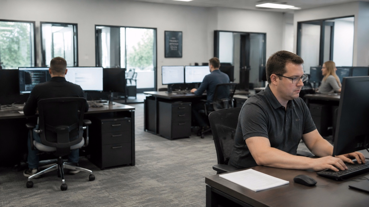 OPEN PLAN WIDE An IT professional wide shot of three or four people at separ