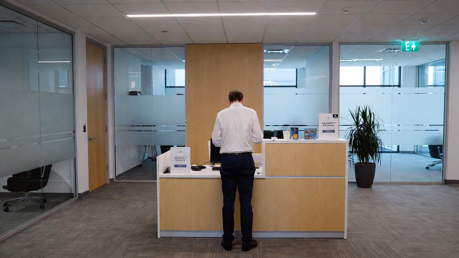 RECEPTION AREA An IT professional one person standing at a front reception d
