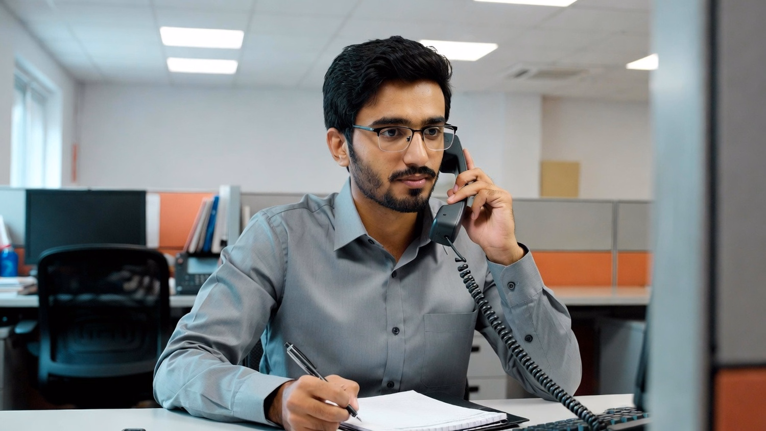 PHONE CALL AT DESK An IT professional one person at a desk with phone to one