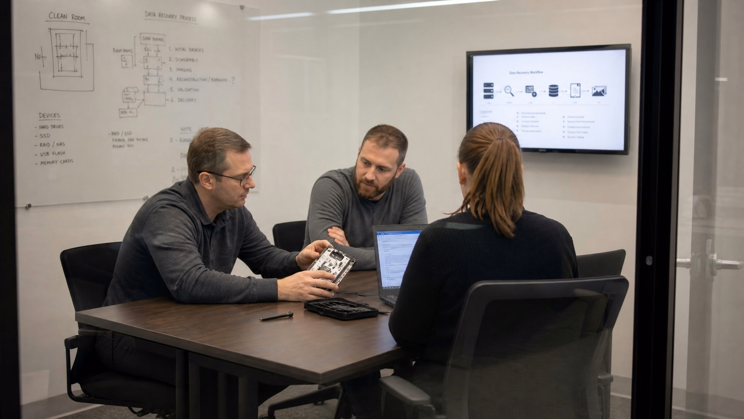 SMALL CONFERENCE ROOM An IT professional three people seated around a small