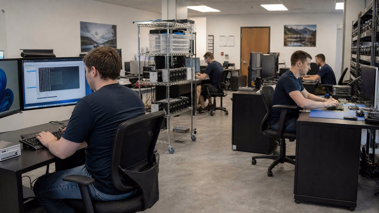 OPEN PLAN WIDE An IT professional wide shot of three or four people at separ