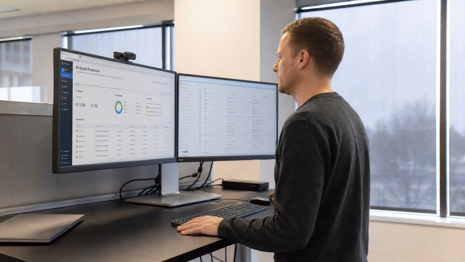 STANDING DESK An IT professional one person standing at a height-adjustable