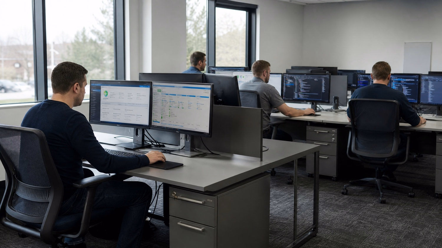 OPEN PLAN WIDE An IT professional wide shot of three or four people at separ