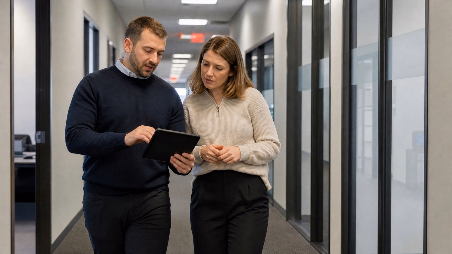 WALKING CORRIDOR one or two people walking mid-stride through a bright office