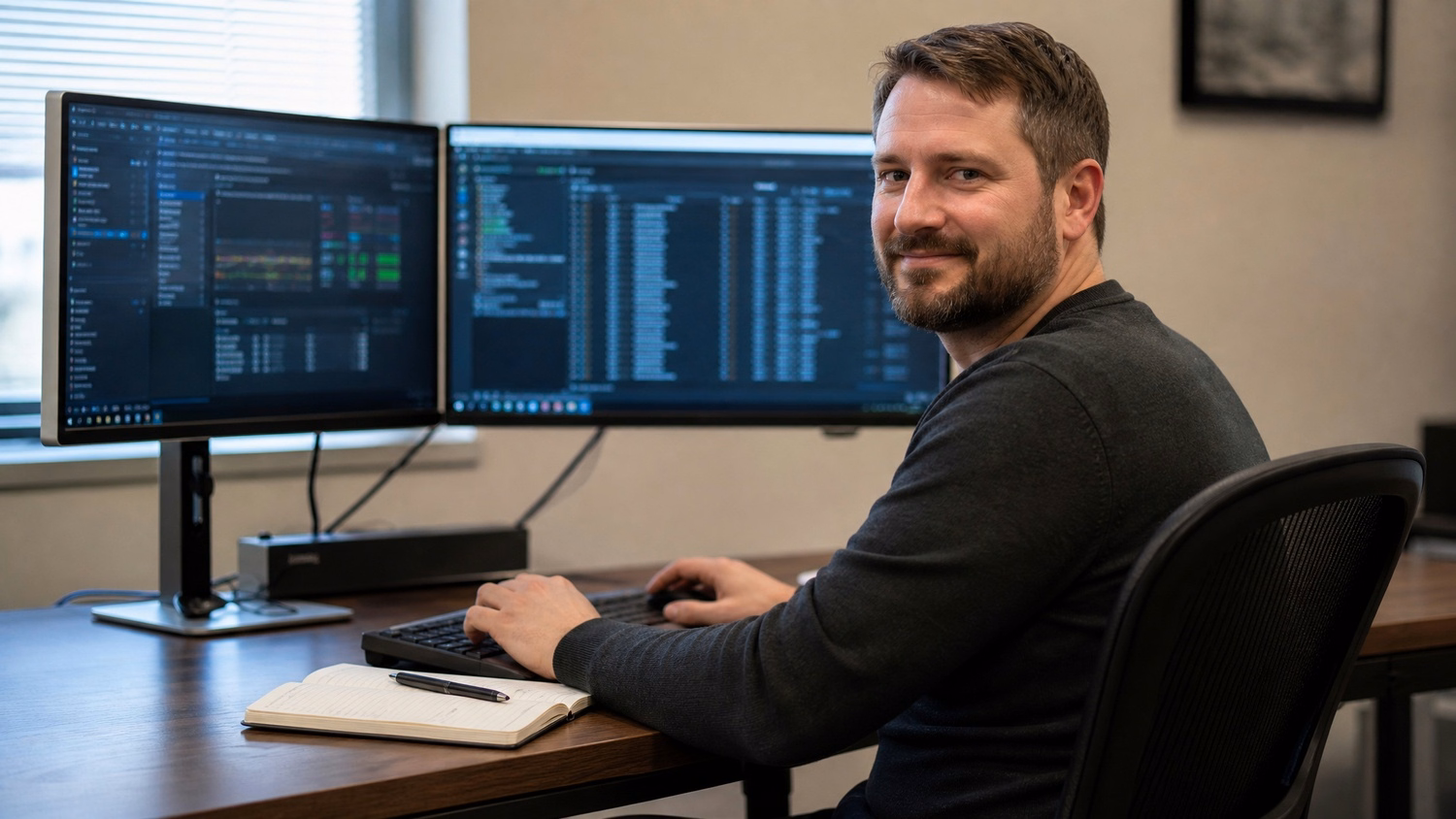 IT expert reviewing system logs on dual monitors at desk