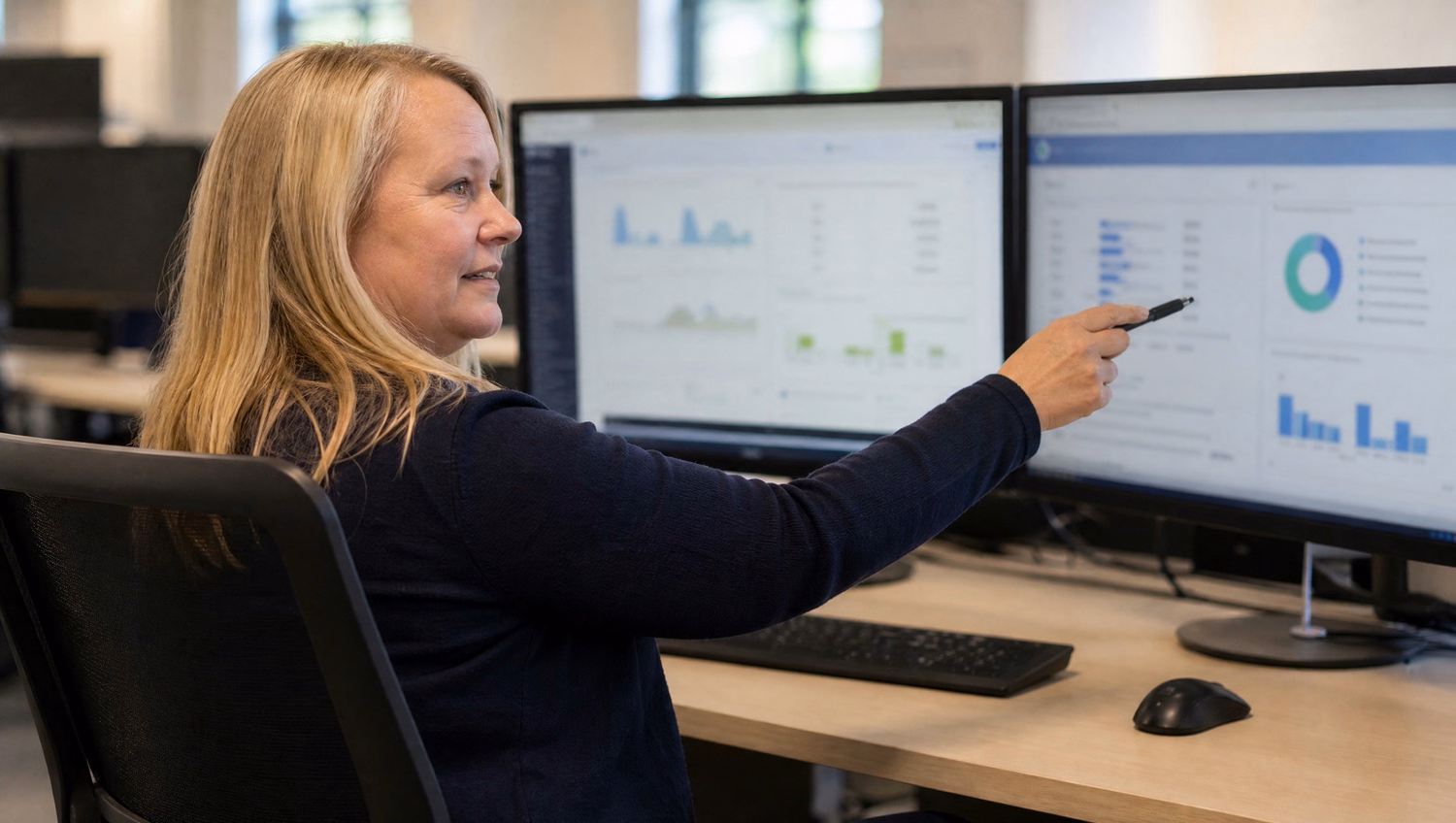 Systems administrator points at dual monitor dashboard, mid-40s