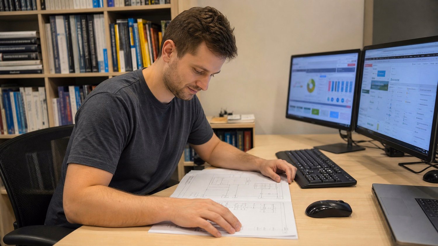 IT technician reviews network diagrams by bookshelf 55 chars