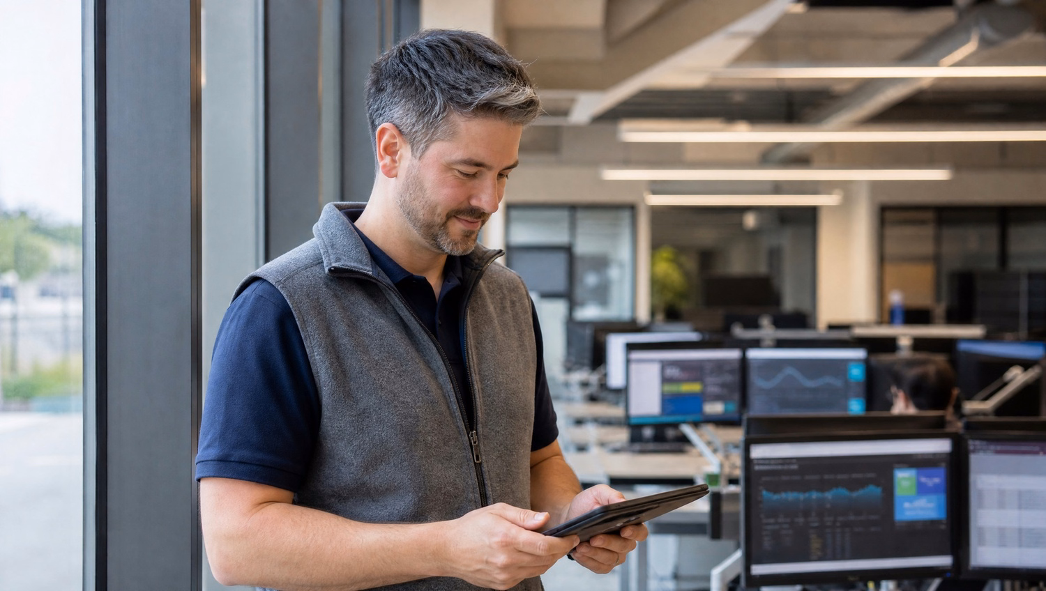 Engineer reviewing data on tablet near window