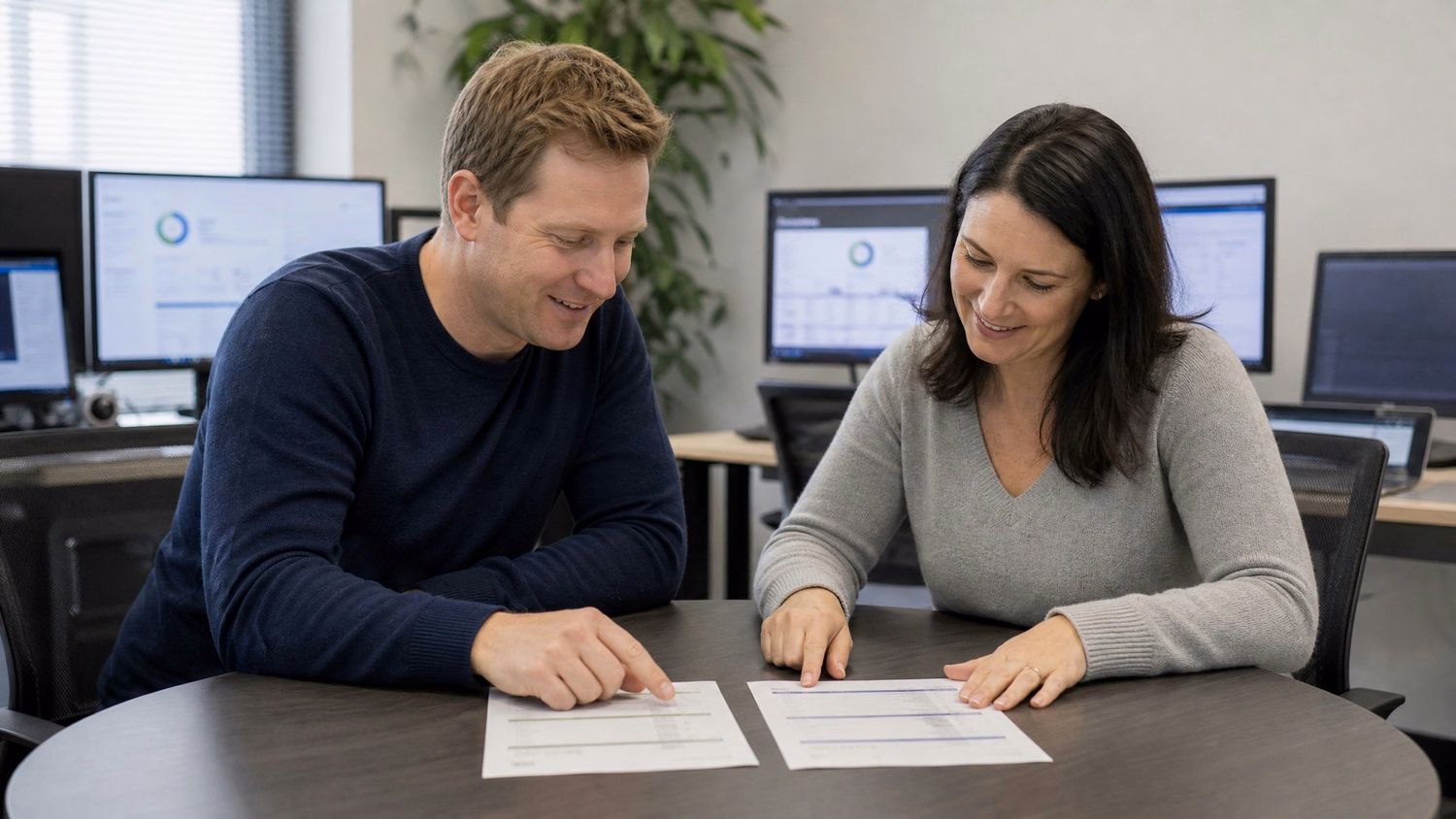 Men and women reviewing cybersecurity checklists side-by-side
