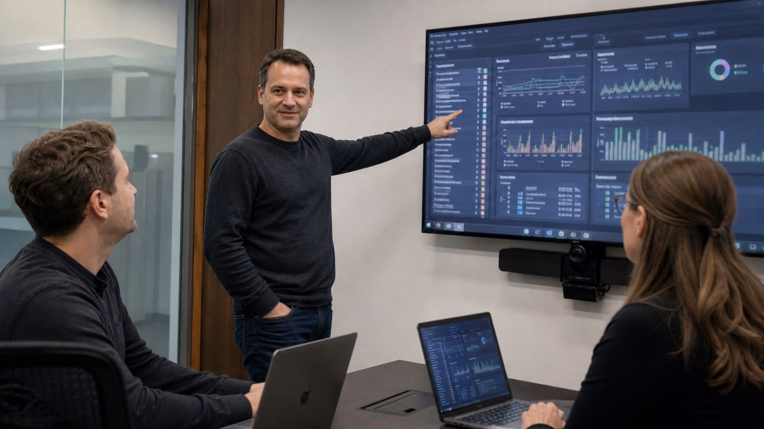 IT manager pointing at network status dashboard on wall screen
