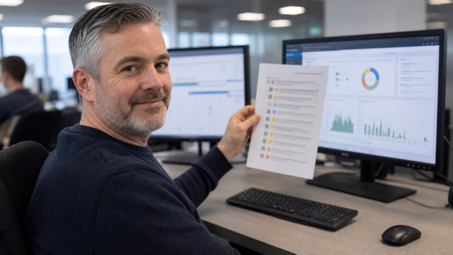 Man compares IT roadmap printout to dashboard display 62 chars