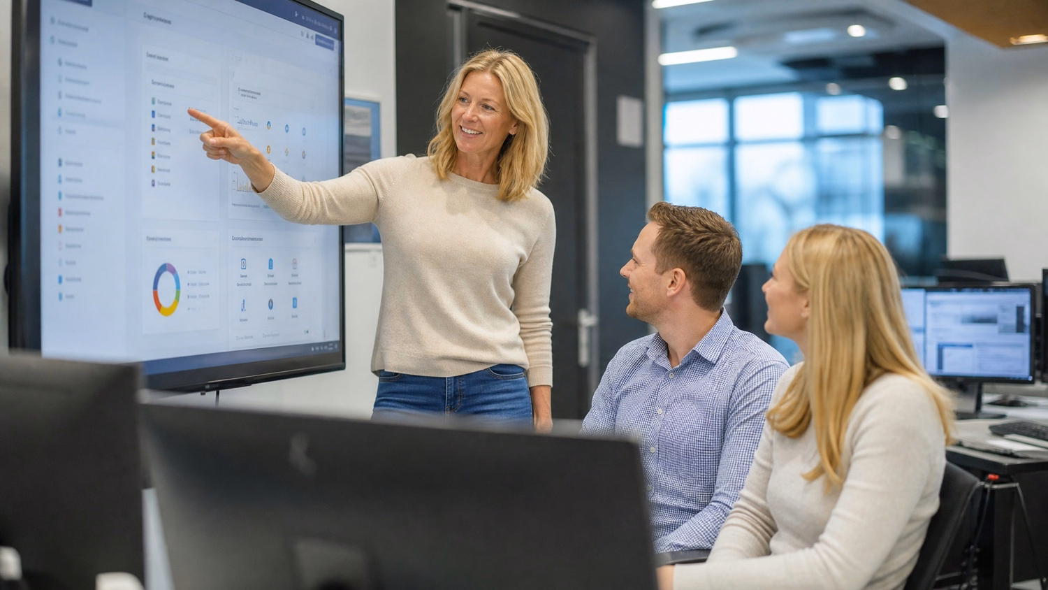 Woman demonstrates UCaaS dashboard integrations to colleagues 67