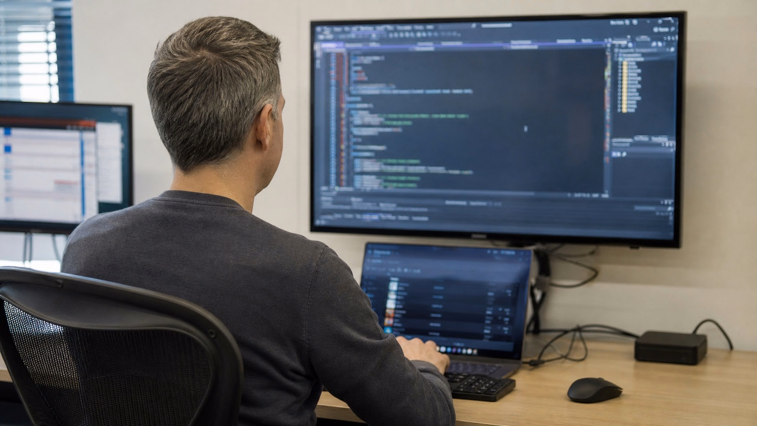 Man coding on desktop monitor, hands over keyboard 61 chars