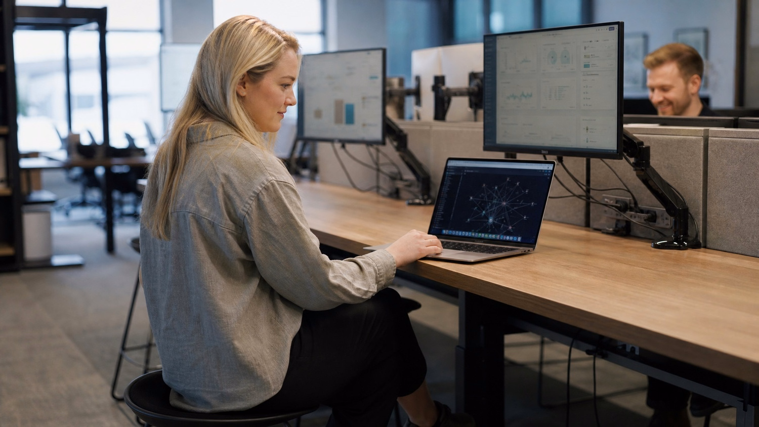 Woman on stool desk studies network diagram on laptop
