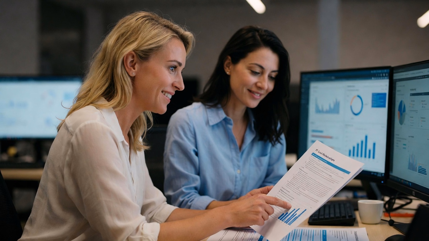 Two women review IT cost reduction strategies, pointing at paper 68