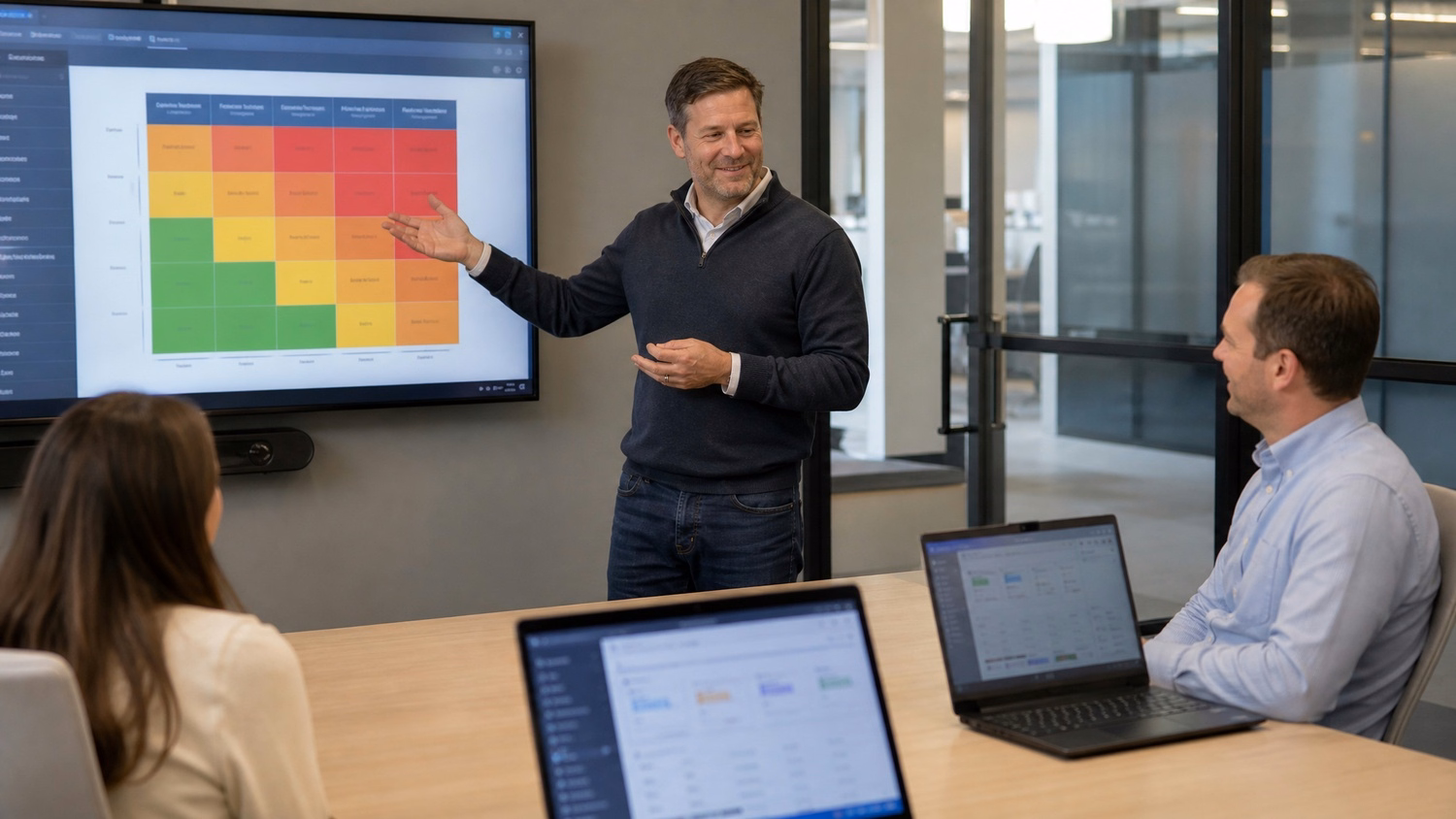 Presenter discusses cybersecurity risk matrix on screen