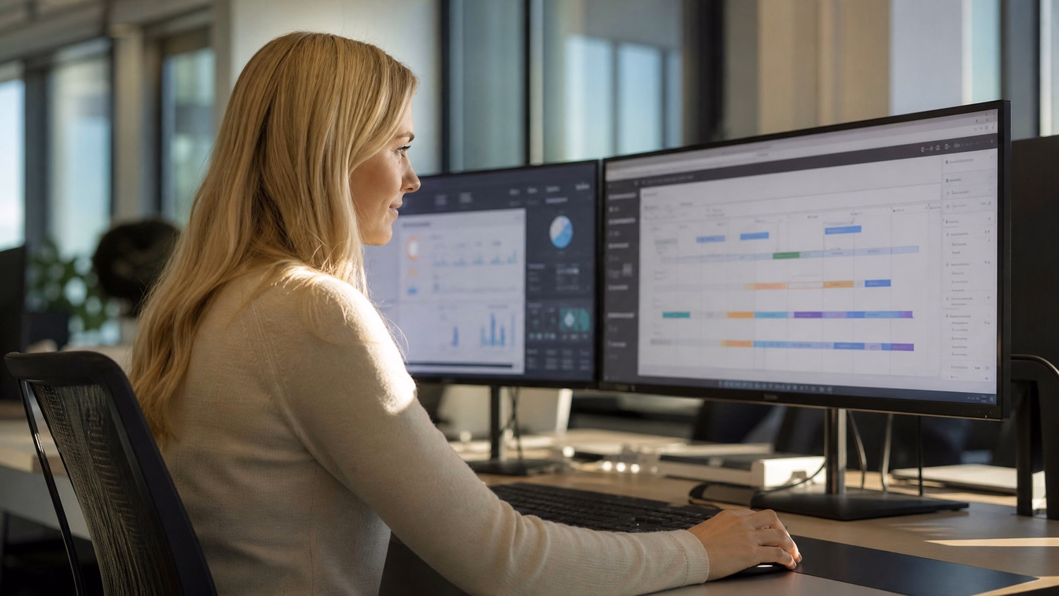 Woman reviewing digital roadmap on monitor, morning light 65 chars