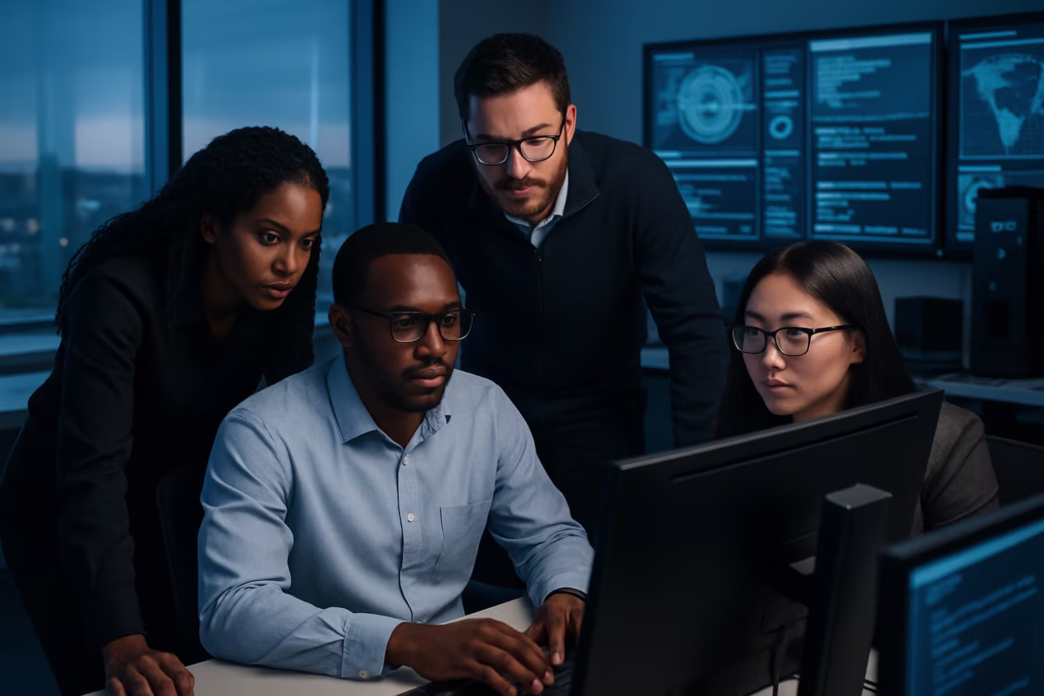 Diverse cybersecurity team with advanced threat detection equipment